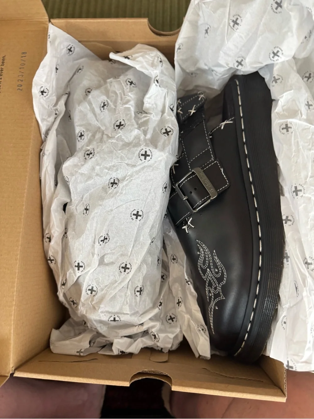Dr. Martens Black Leather Buckle Slip-On Loafers with White Stitch Detail - Picture 8 of 16